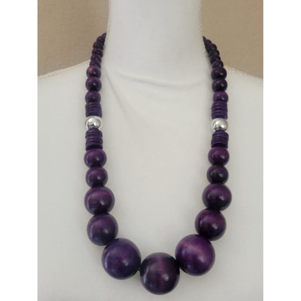 Vintage 1970s Purple and Silver Wooden Bead Necklace Hello Mrs Roper